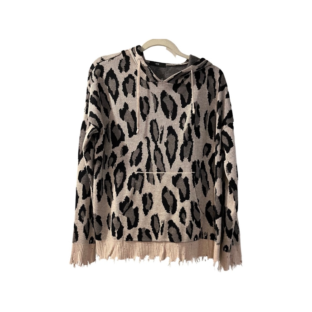 Fate Leopard Print Knit Hooded Sweatshirt Medium